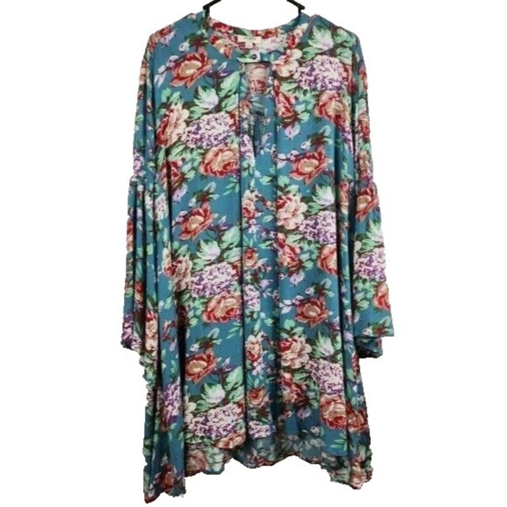 UMGEE Womens BOHO Mini Dress Medium Blue‎ Floral Asymmetrical Flare Sleeve